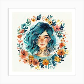 Girl With Blue Hair And Flowers 1 Art Print