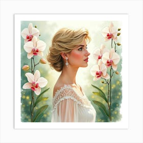 Graceful Watercolor Princess Diana In A Tranquil Garden Of Orchids 1 Art Print