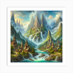 Fantasy Inspired Acrylic Painting Of A Whimsical Village Nestled Among Towering Mountains And Cascading Waterfalls, Style Fantasy Art 2 Art Print