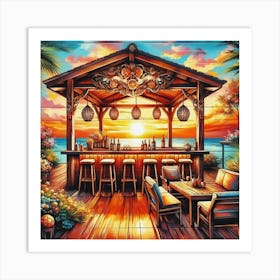 Sunset view on a wooden cafe on the seashore 3 Art Print