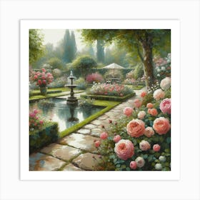 Rose Garden With The Fountain, Acrylic Style Painting 17 Art Print