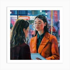 Two Asian Women With Glasses Talking 1 Art Print