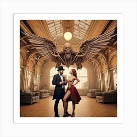 Steampunk Couple In Ballroom Cubism Style Art Print