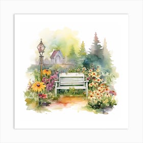 Marion Flower Garden With Bench Watercolor White Background Bd6a852d 6457 4b20 Aad7 C902877eb335 Art Print