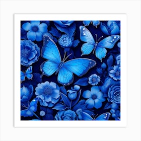 Blue Flowers And Butterflies 2 Art Print