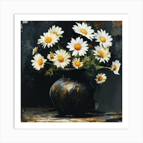 Daisy Flowers Vase Dark Art  Art Print