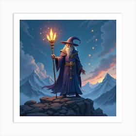 A Sorcerer With A Staff Of Glowing Crystals Standing On A Mountain Peak Art Print