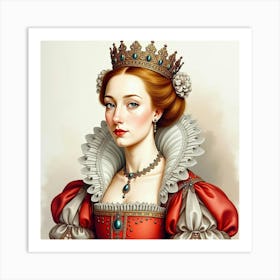 Queen Elizabeth I In Watercolor, Luxurious Background, Detailed Lace 1 Art Print