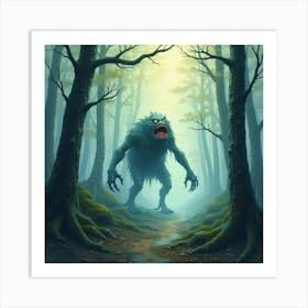 Horror Creature In A Watercolor Misty Forest 1 Art Print