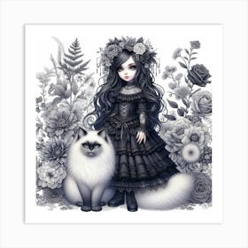 Gothic Girl With Cat Art Print