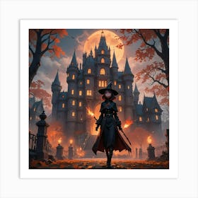 Witch In Front Of Castle Art Print