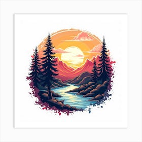 Landscape With Mountains And River Art Print