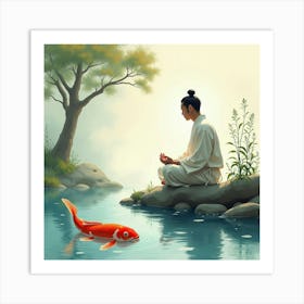 Japanese Man Meditating By A Tranquil Koi Pond, With Soft Reflections In The Water, Watercolor Art Print