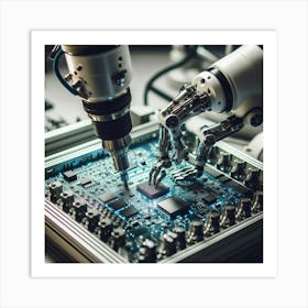 Robots Working On Electronic Circuit Board Art Print