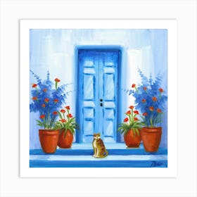 Greek Blue Door Cat 1 Art Print