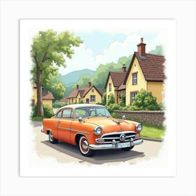 Retro Coupe Beside A Quaint Village, Watercolor Painting 1 Art Print