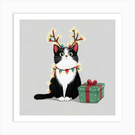 Christmas Cat with Lights: Cute Holiday Illustration, Festive Kitty Wall Art Art Print