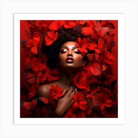 Beautiful Black Woman In Red Flowers Art Print