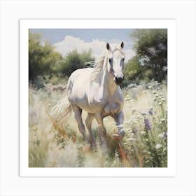 Pristine Purity: White Horse in the Radiant Meadow Art Print