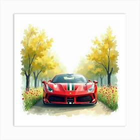 Ferrari 488 Pista With A Bright Watercolor Spring Garden, No Logo Or Signature 1 Art Print