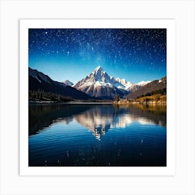 Firefly Mountains, Snow Capped, Towering, Background, Tranquil, Lake, Foreground, Reflecting, Starry (9) Art Print