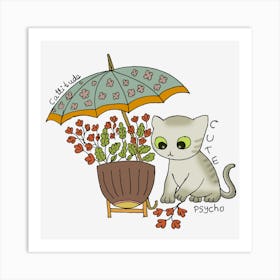 Cat With Umbrella Art Print