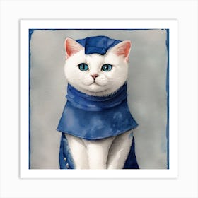 A white cat wearing a blue dress Art Print