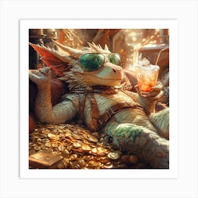 Cool Dragon Lounging on Gold Background 5 Art Print