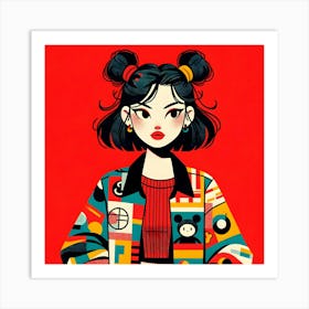 Asian Girl with Double Buns Short Hair Art Print