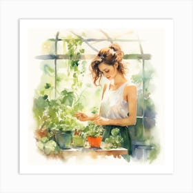 Watercolor Of A Girl In A Greenhouse Art Print