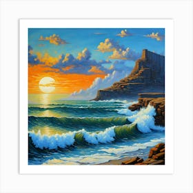 Ocean Sunset Waves Paint Oil Artistic Painting Fantasy Nature Art Print