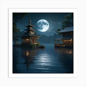 Moonlight Over A Chinese Temple Art Print