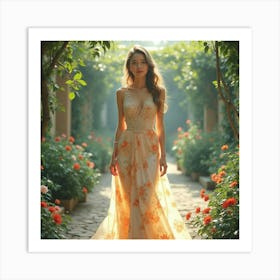 Elegant Woman In Watercolor Dress, Serene Garden Backdrop 1 Art Print