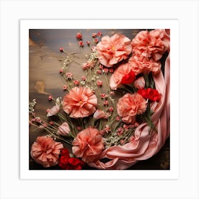 Pink Carnations On A Wooden Table Art Print