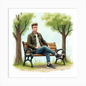 Watercolor Of Justin Bieber Sitting On A Park Bench, Trees All Around Art Print