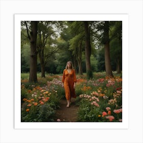 Default A Woman Walks Among Flowers And Trees 0 Art Print