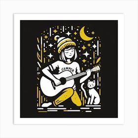 Acoustic Girl With Cat Art Print