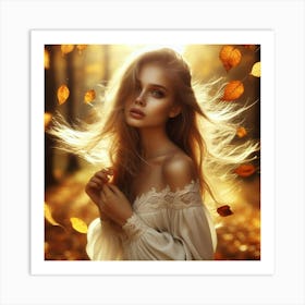 Beautiful Woman In Autumn Forest Art Print