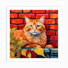 Orange Cat On A Brick Wall Art Print