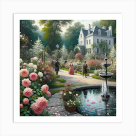 Rose Garden With The Fountain, Acrylic Style Painting 10 Art Print