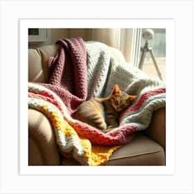 Cat Sleeping On A Blanket Art Print