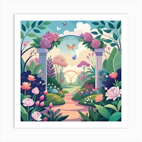 A Lush Garden Scene With Blooming Flowers Buttery Art Print