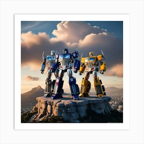 A Breathtaking Digital Illustration Of The Iconic Transformers Characters Proudly Standing On The Mountain 1 Art Print