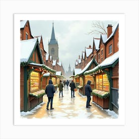 Watercolor Painting Of A Traditional English Holiday Market With Festive Stalls 1 Art Print