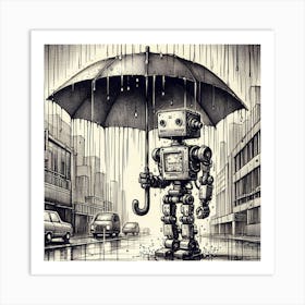 Robot with umbrella Art Print