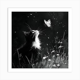 Black And White Cat With Butterfly Art Print