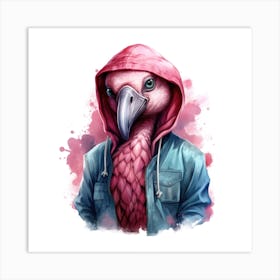 Watercolour Cartoon Flamingo In A Hoodie 1 Art Print