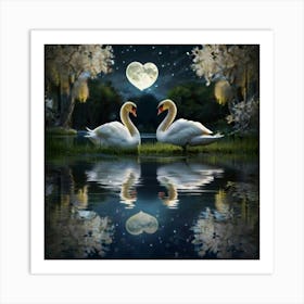 Two Swans In The Moonlight forming a heart love Art Print