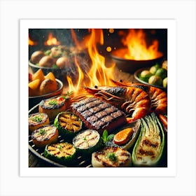 A Close Up Of Flame Kissed Dishes, Including Seare Art Print