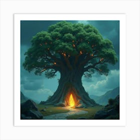 Giant Tree With Glowing Leaves And Ancient Carvings 1 Art Print